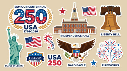 Vector graphic illustration set of patriotic American icons featuring the liberty bell statue of liberty and bald eagle for celebrations © Ibnu Gazali