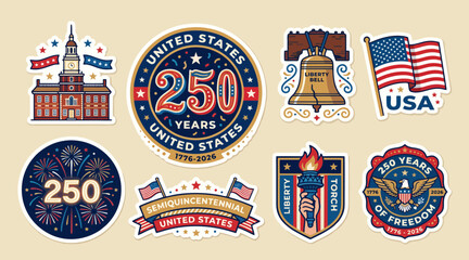 United states semiquincentennial sticker set featuring patriotic symbols like the liberty bell and independence hall in a flat vector design © Ibnu Gazali
