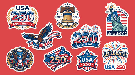 Patriotic vector graphic sticker set featuring the American eagle liberty bell statue of liberty and fireworks for anniversary celebrations © Ibnu Gazali