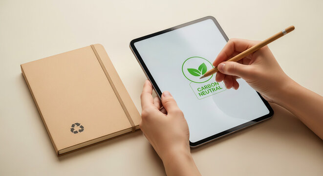 Person drawing a carbon neutral logo on a digital tablet next to a recycled notebook