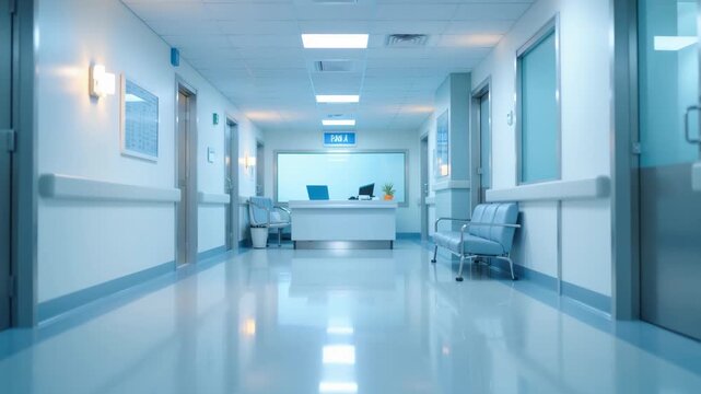 Quiet hospital hallway with clean polished floors soft lighting and calm medical environment