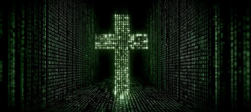 Jesus Cross in binary number form at digital virtaul space. Generative video AI technology.	
