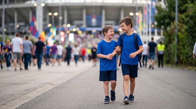 Brothers Walking Together to Watch Local Football Match