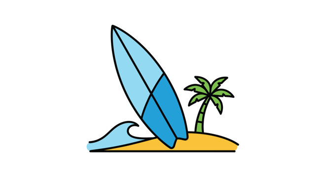 Surfboard and palm tree on a sandy beach with ocean wave vector illustration