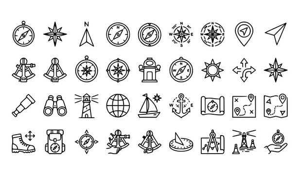 Wind Rose and Compass Thin Line Icons Vector Set Navigation Collection