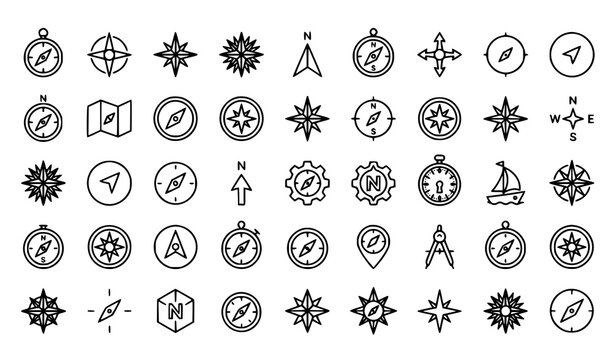 Compass and Wind Rose Thin Line Icon Set Navigation Vector Collection