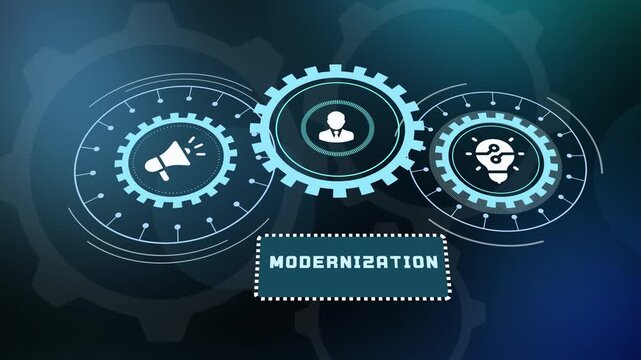 Futuristic digital interface showing interconnected gears and business icons symbolizing corporate modernization.