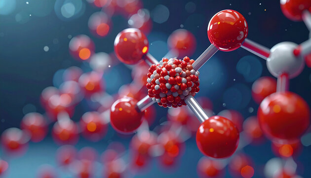 Atomic Structure: A close-up view of red and white atoms connected by metallic rods, forming a molecular structure, representing the building blocks of matter.