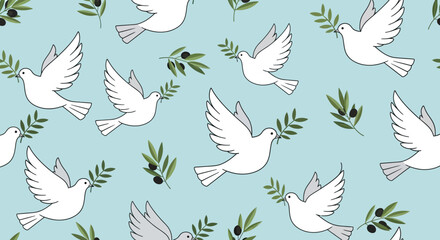 Fototapeta premium Seamless Pattern of White Peace Doves with Olive Branches