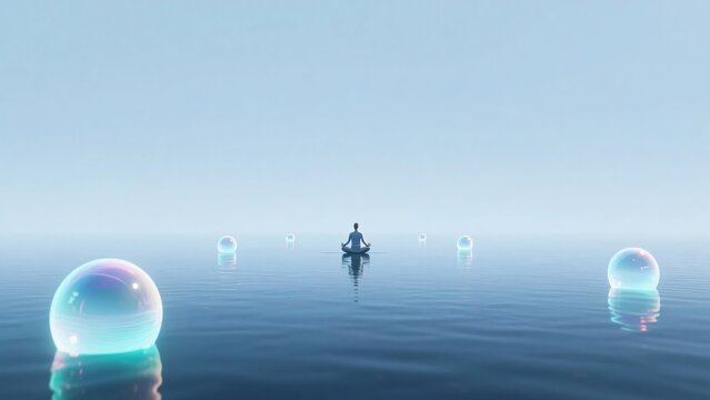 穏やかな水面で座禅を組む人物と浮かんで発光する複数の球体、マインドフルネスをテーマにしたイメージ