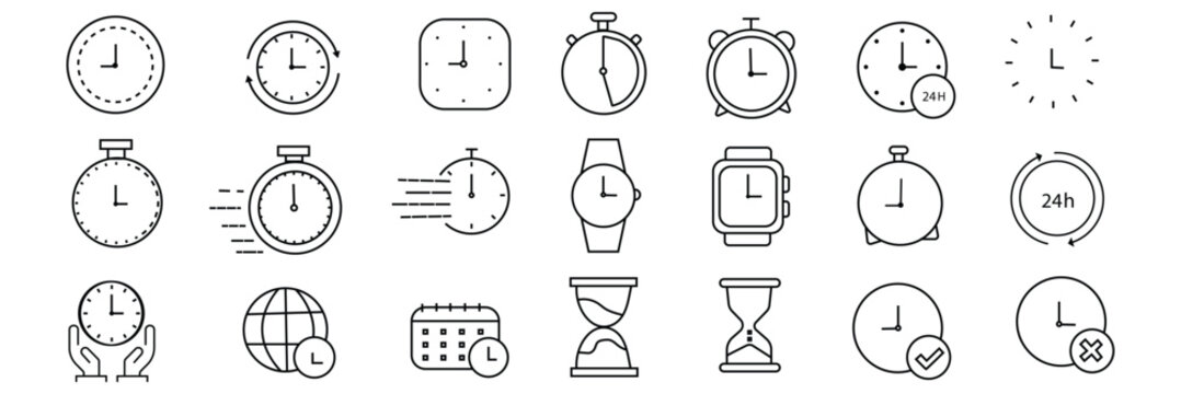 Time and clock line icons set with stopwatch, alarm, hourglass and schedule symbols isolated on white background for timing and productivity design concepts 