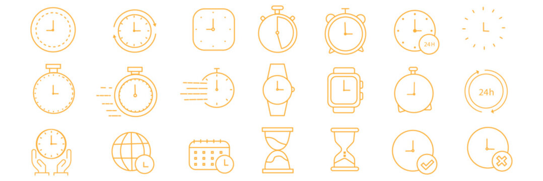 Time and clock line icons set with stopwatch, alarm, hourglass and schedule symbols isolated on white background for timing and productivity design concepts 