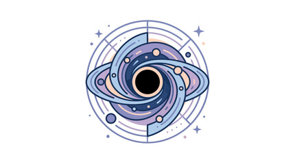 Stylized artistic illustration of a swirling black hole surrounded by orbiting planets and celestial rings. © Odette Anya
