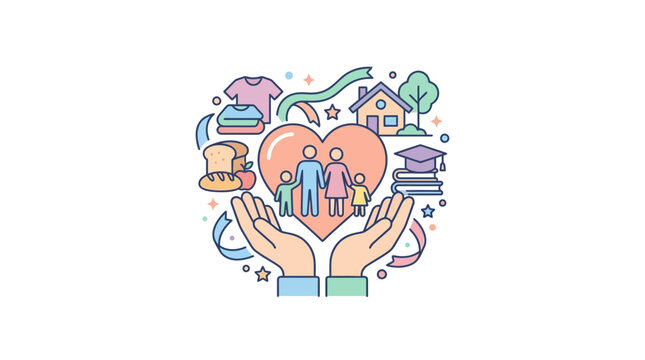 Illustration of a family protected by hands inside a heart shape with icons of basic needs.