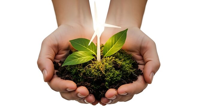 Young Hands Holding Seedling Growing in Moss with Light Plant