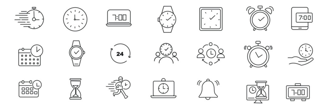 Clock icon set. Vector Time and Clock icons set. Horizontal set of analog clock icon symbol .Circle arrow icon. Vector illustration.