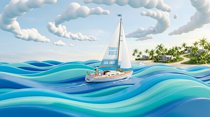 Naklejka premium Sailing boat on calm ocean waves.