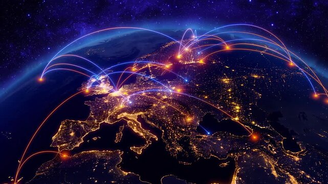 Dynamic glowing light networks connecting major cities across Europe animated map visualization