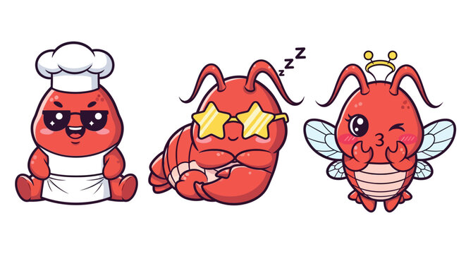Cartoon Shrimp Characters in Various Poses and Outfits.