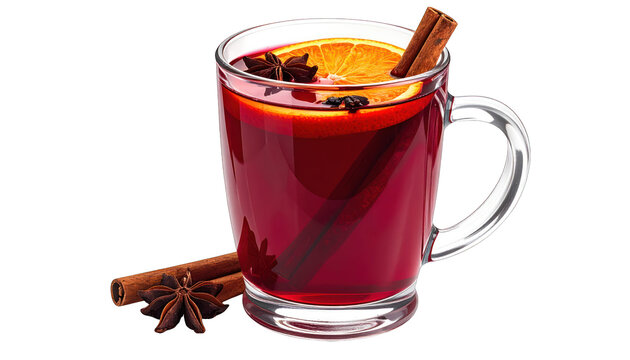 Festive mulled wine in a clear glass mug, garnished with orange slice, star anise, and cinnamon sticks, perfect for cozy winter holidays