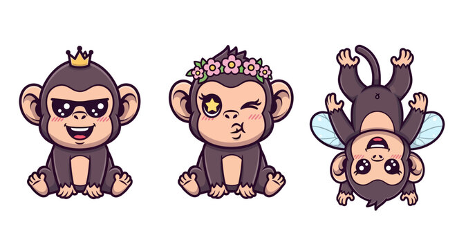 Three cartoon monkeys with crowns and wings illustration.