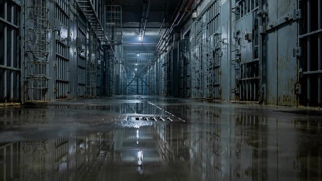 Dimly lit wet prison corridor with rusty metal bars and moody atmospheric lighting