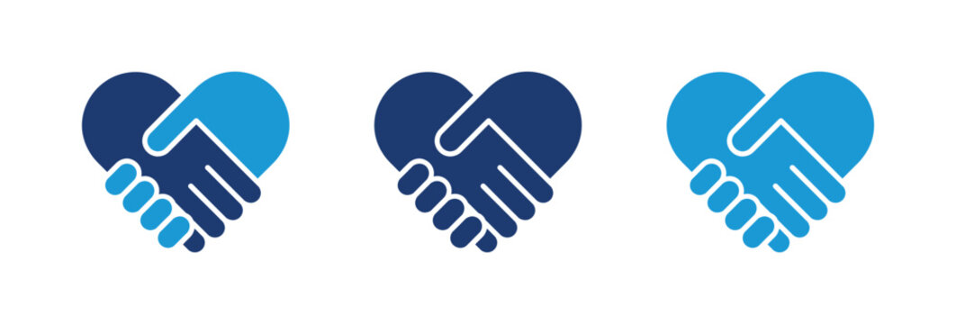 A set of three blue heart shaped handshake icons symbolizing trust partnership agreement cooperation and mutual support in business or community relationships