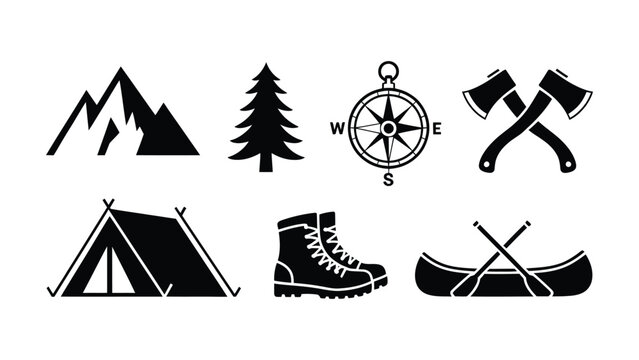 Camping icons set with mountains tent compass