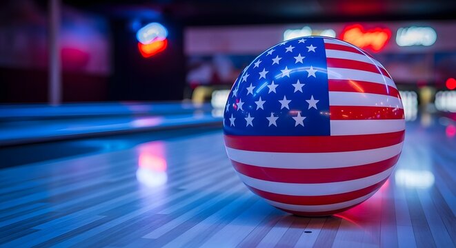 American flag bowling ball on lane with neon lighting patriotic sports concept