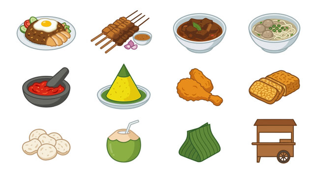 Flat vector icon set of 12 Indonesian food symbols, nasi goreng, satay skewers, rendang bowl, bakso bowl, sambal mortar, rice cone, fried chicken, tempeh, crackers, coconut drink, banana leaf package 