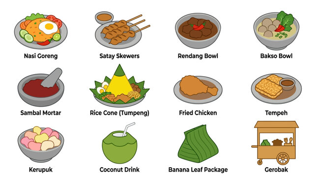 Flat vector icon set of 12 Indonesian food symbols, nasi goreng, satay skewers, rendang bowl, bakso bowl, sambal mortar, rice cone, fried chicken, tempeh, crackers, coconut drink, banana leaf package 