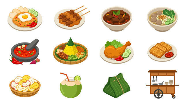 Flat vector icon set of 12 Indonesian food symbols, nasi goreng, satay skewers, rendang bowl, bakso bowl, sambal mortar, rice cone, fried chicken, tempeh, crackers, coconut drink, banana leaf package 
