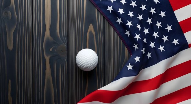 Golf ball and american flag composition on dark wood surface patriotic sports concept