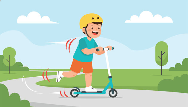 Young boy wearing a yellow helmet riding a blue kick scooter along a winding path in a sunny green park with white clouds.