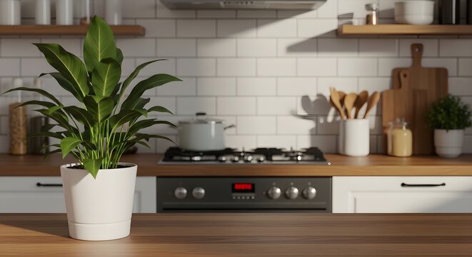 Modern kitchen with potted plant on wooden countertop and white subway tile backsplash