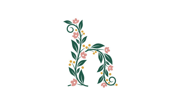 Elegant lowercase letter h decorated with green leaves and pink flowers in a graceful floral pattern suitable for monograms and invitations.