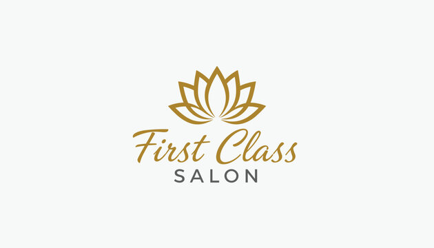 Sophisticated logo for a first class salon featuring a golden lotus flower icon above elegant script and sans-serif typography on white.