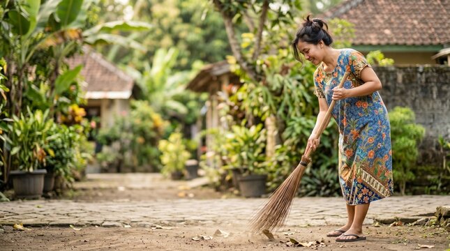 Indonesian Woman Wearing Traditional Batik Daster Sweeping Front Yard with Coconut Leaf Broom in Rural Neighborhood