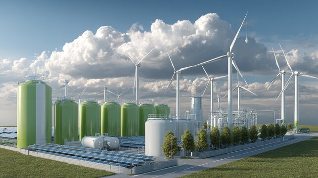 A 3D rendering of a green hydrogen production plant showcases a future sustainable energy system integrating electrolytic hydrogen storage tanks, wind turbines, and solar panels under a clean sky.