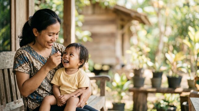 Indonesian Mother Caring for Toddler and Giving Healthy Food While Wearing Traditional Daster