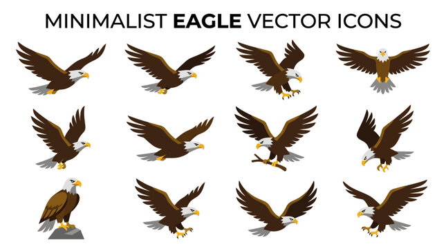 Minimalist eagle icons set showing various flying and sitting poses