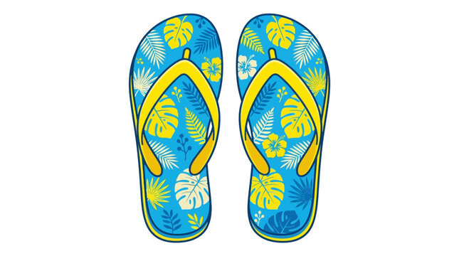 Blue tropical flip flop with yellow palm leaf pattern isolated on white.