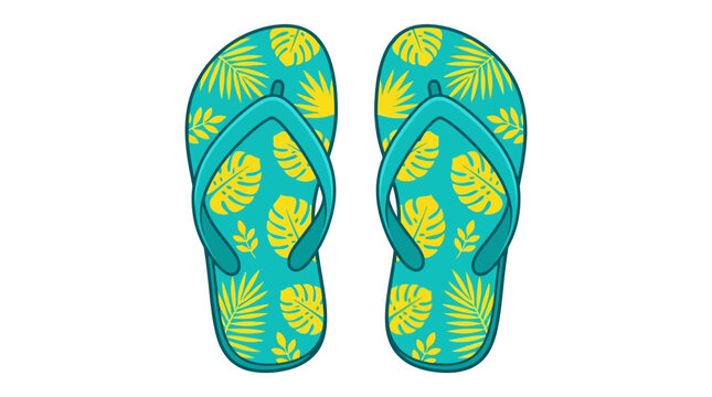 Teal flip-flop with yellow tropical leaf pattern, vibrant summer beach footwear graphic