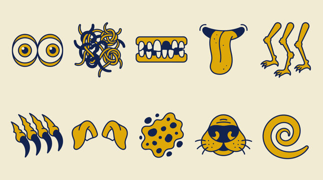 Cartoon monster parts illustration: funny eyes, tangled tentacles, sharp claws, floppy ears.