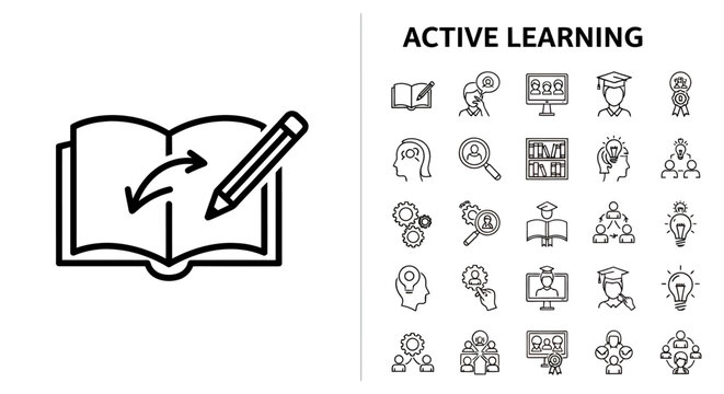 Active learning concept with open book and pencil icons and educational illustrations.