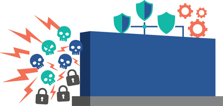 Cyber attack on secure server with shields and gears security data breach