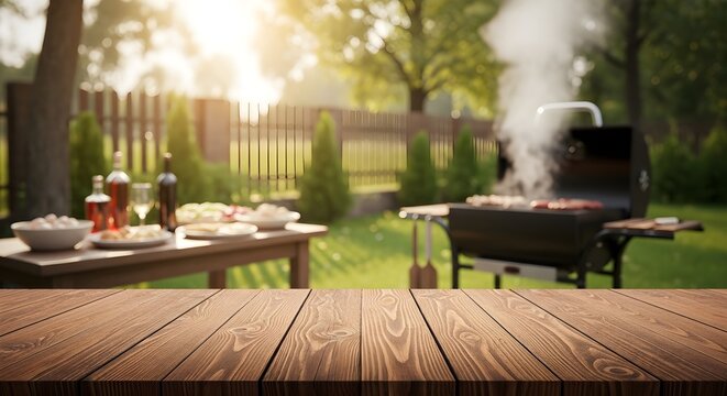Outdoor wooden table with bbq grill and garden background