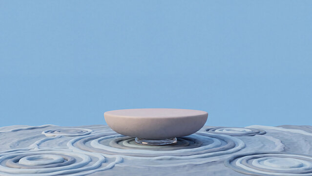 Minimalist product display podium on abstract ripple surface with serene blue background.