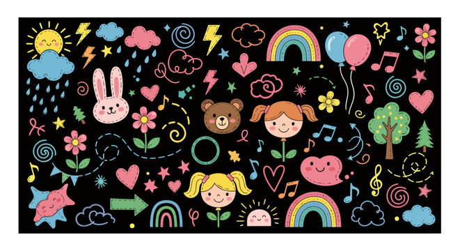 Colorful playful doodle pattern featuring animals flowers and rainbows on a dark background.
