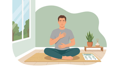 Fototapeta premium Man Practicing Mindful 4-7-8 Breathwork Technique for Stress Relief